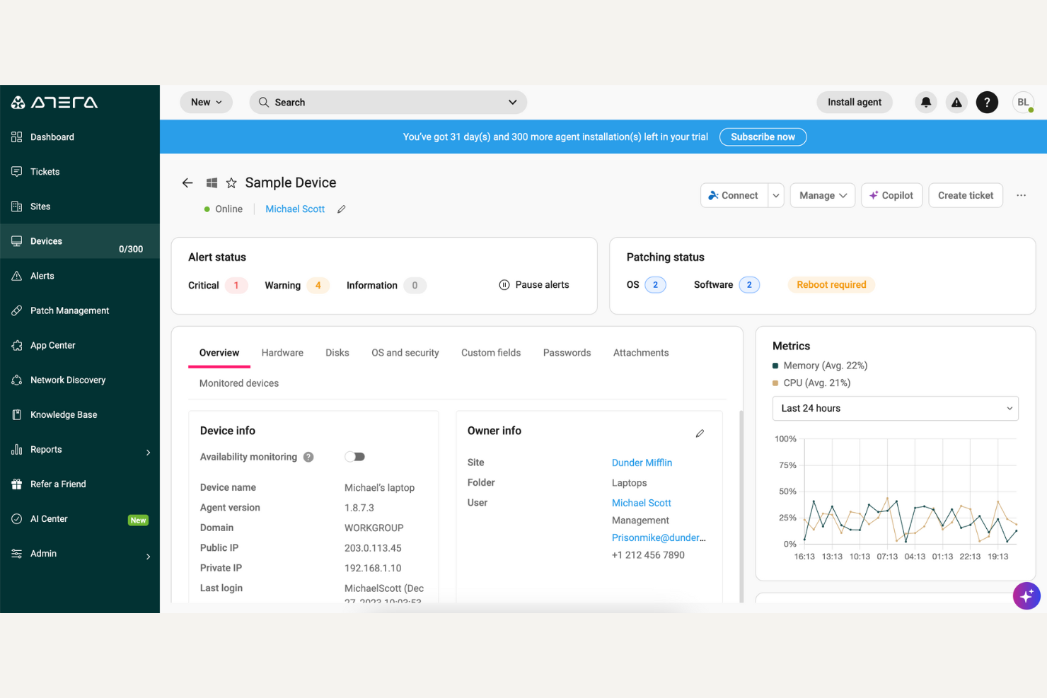 Atera screenshot - 10 meilleures alternatives à NinjaOne pour la gestion informatique en 2026