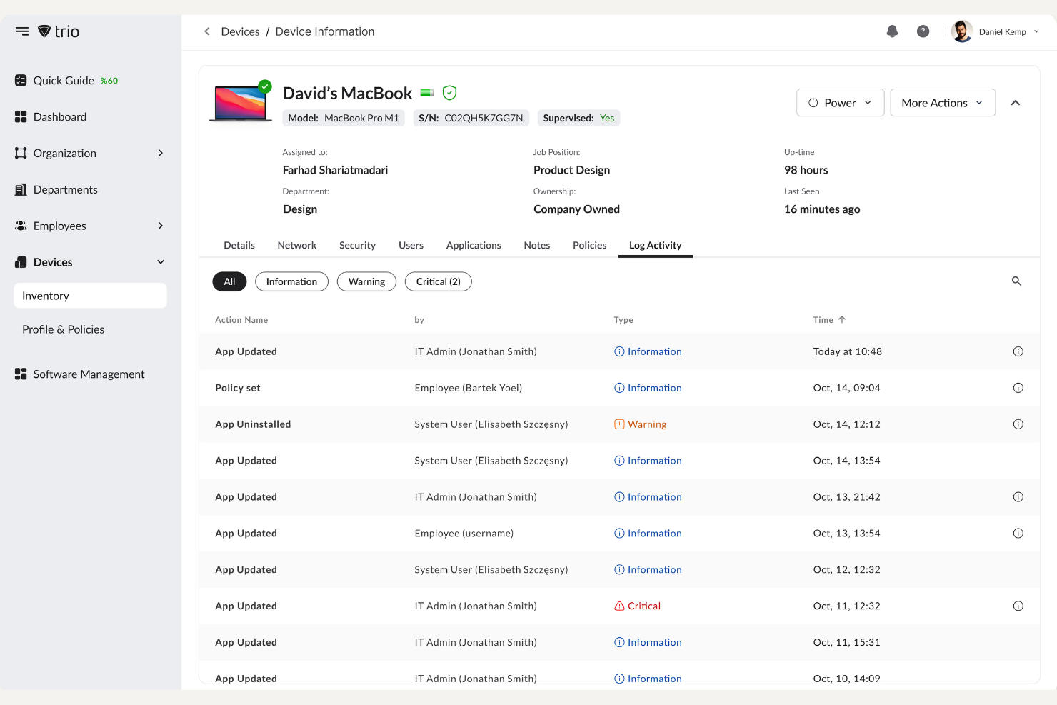 Trio screenshot - 10 meilleures alternatives à NinjaOne pour la gestion informatique en 2026