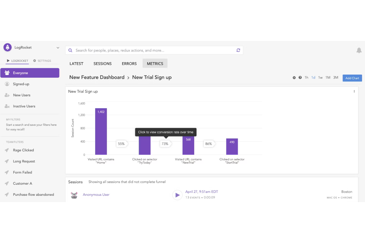 LogRocket screenshot - 10 beste Sitzungsaufzeichnungssoftware im Test 2026