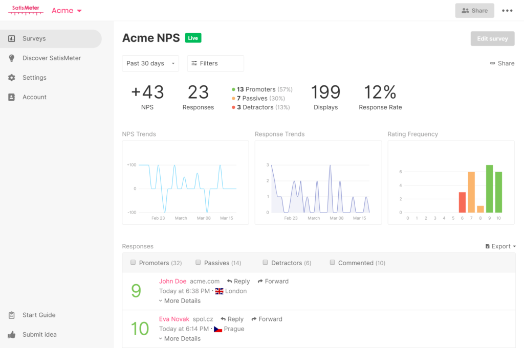 SatisMeter screenshot - 10 meilleurs logiciels de score net de recommandation (NPS) et outils d’enquête de 2026