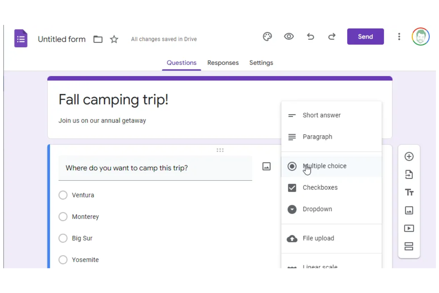 Google Forms screenshot - 10 meilleures alternatives à Typeform pour les enquêtes clients en 2026