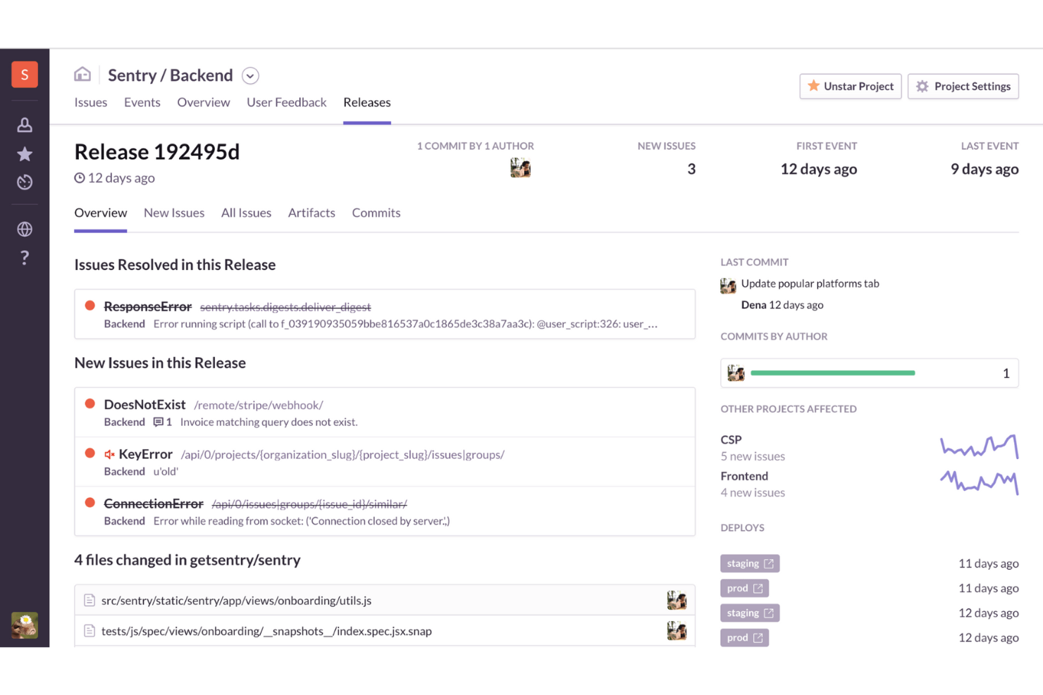 Sentry screenshot - 10 meilleurs concurrents de Dynatrace pour l’observabilité en 2026