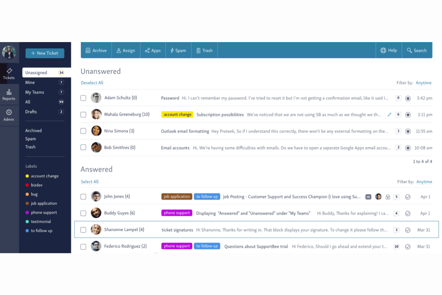 SupportBee screenshot - 10 beste osTicket-Alternativ-Tools für den Support im Jahr 2026