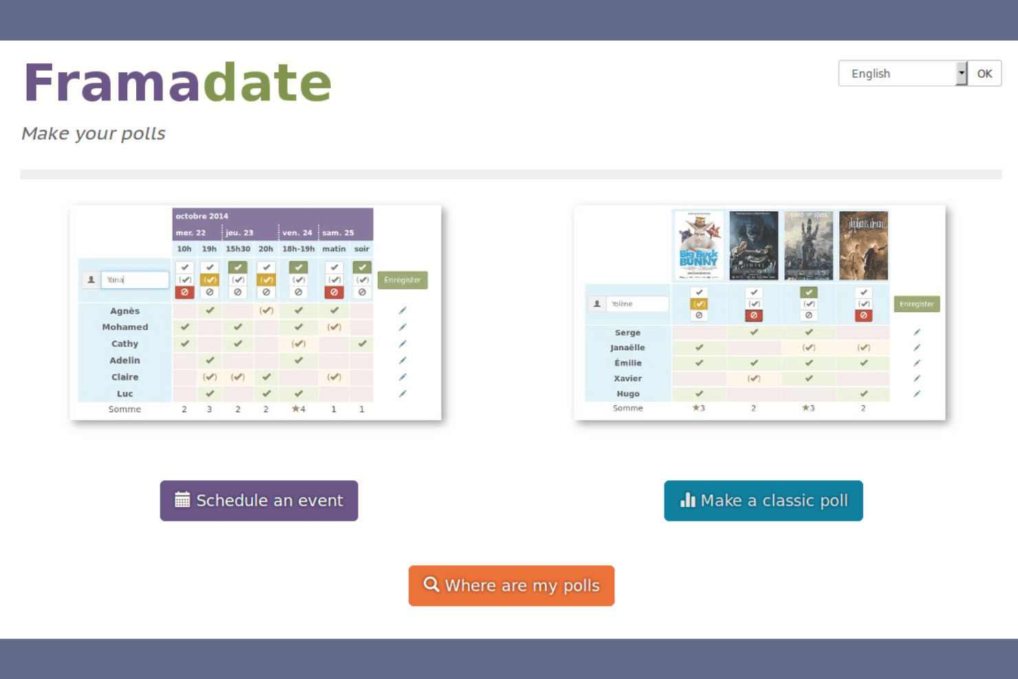 Framadate screenshot - 10 meilleures alternatives à Doodle pour planifier des réunions en 2026