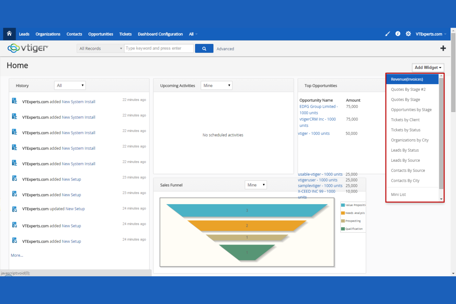 Vtiger screenshot - 10 meilleures alternatives à Zoho CRM pour le service client en 2026