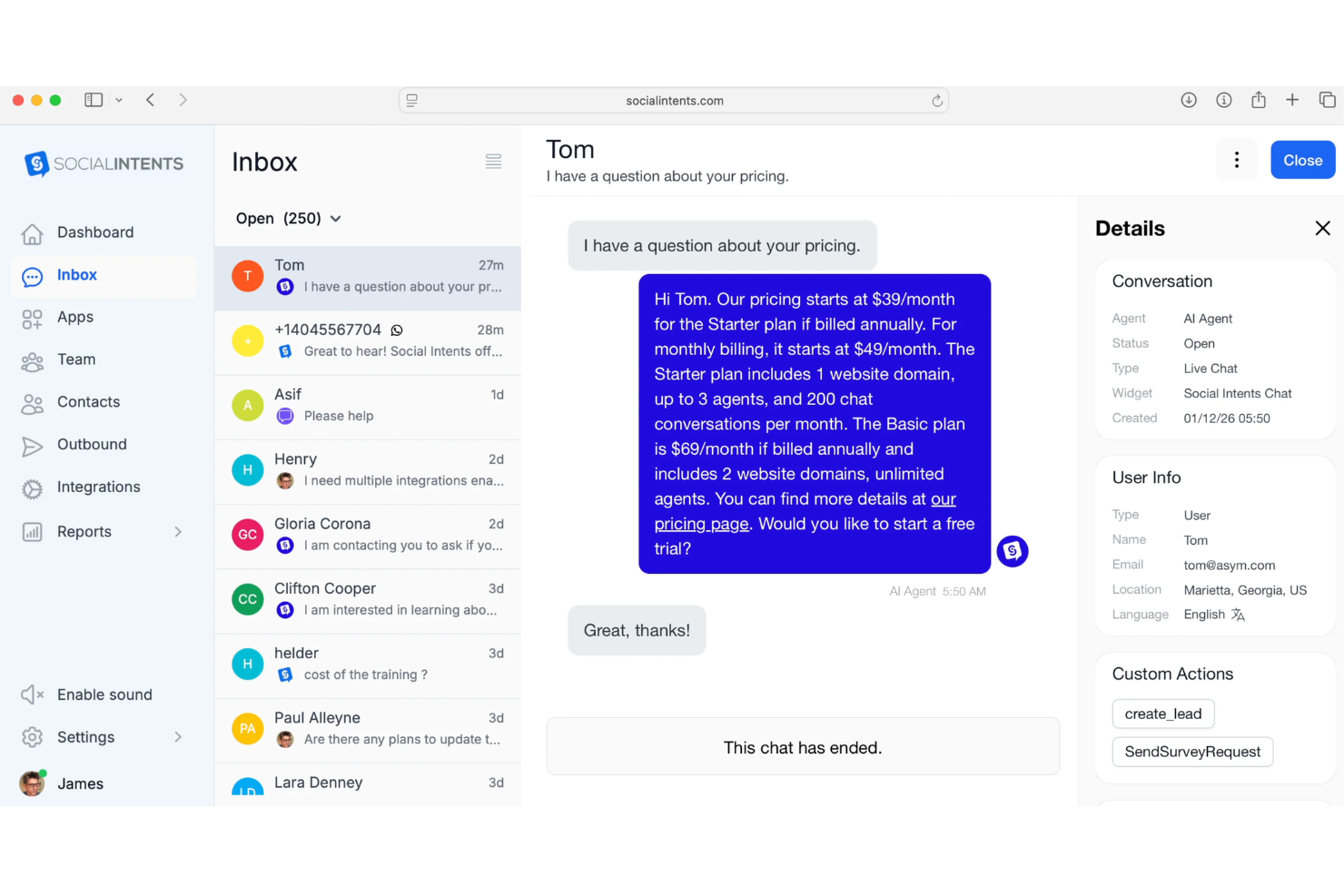Social Intents screenshot - Los 10 mejores programas gratuitos de chat en vivo en 2026