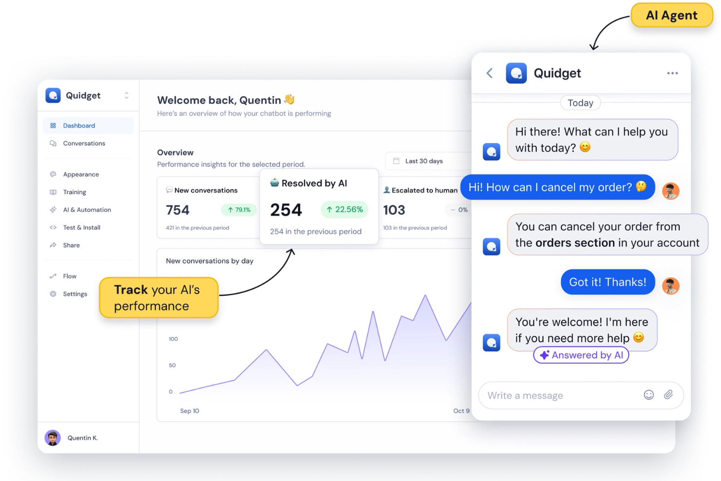 Quidget screenshot - 10 mejores herramientas de IA para el éxito del cliente en 2026