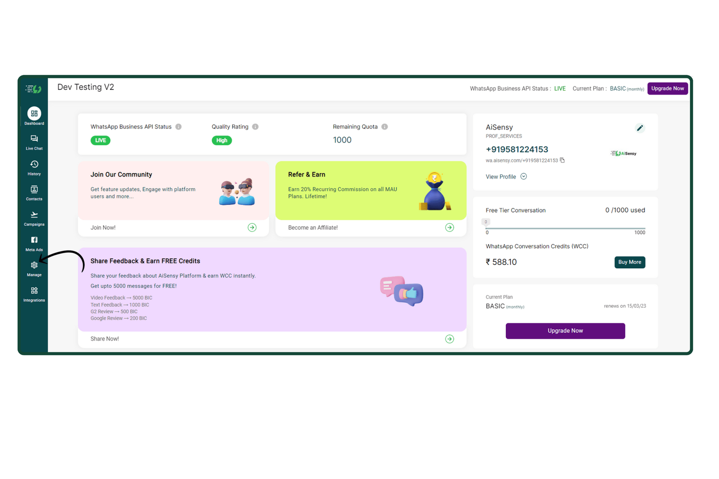 AiSensy screenshot - 10 mejores alternativas a Twilio para API de SMS y voz en 2026