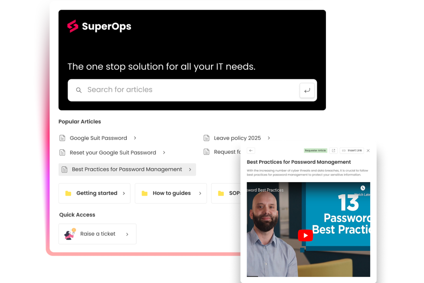 SuperOps screenshot - Las 10 mejores bases de conocimiento para servicios de asistencia de 2026: comparativa