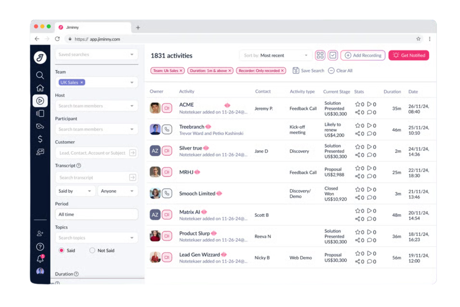 Jiminny screenshot - Los 10 mejores competidores de Salesloft para la interacción con clientes potenciales en 2026