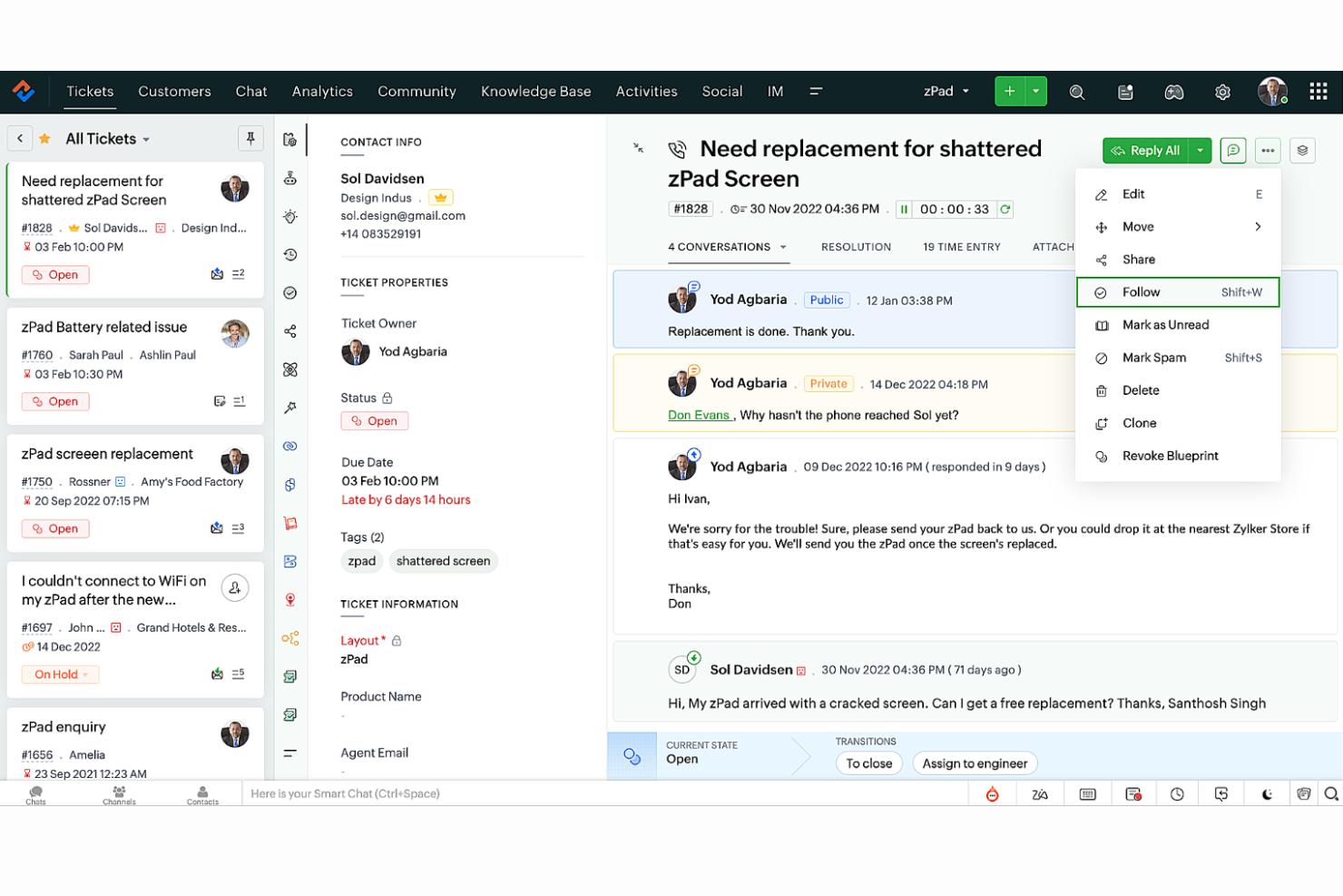 Zoho Desk screenshot - I 10 migliori strumenti alternativi a osTicket per l’assistenza nel 2026