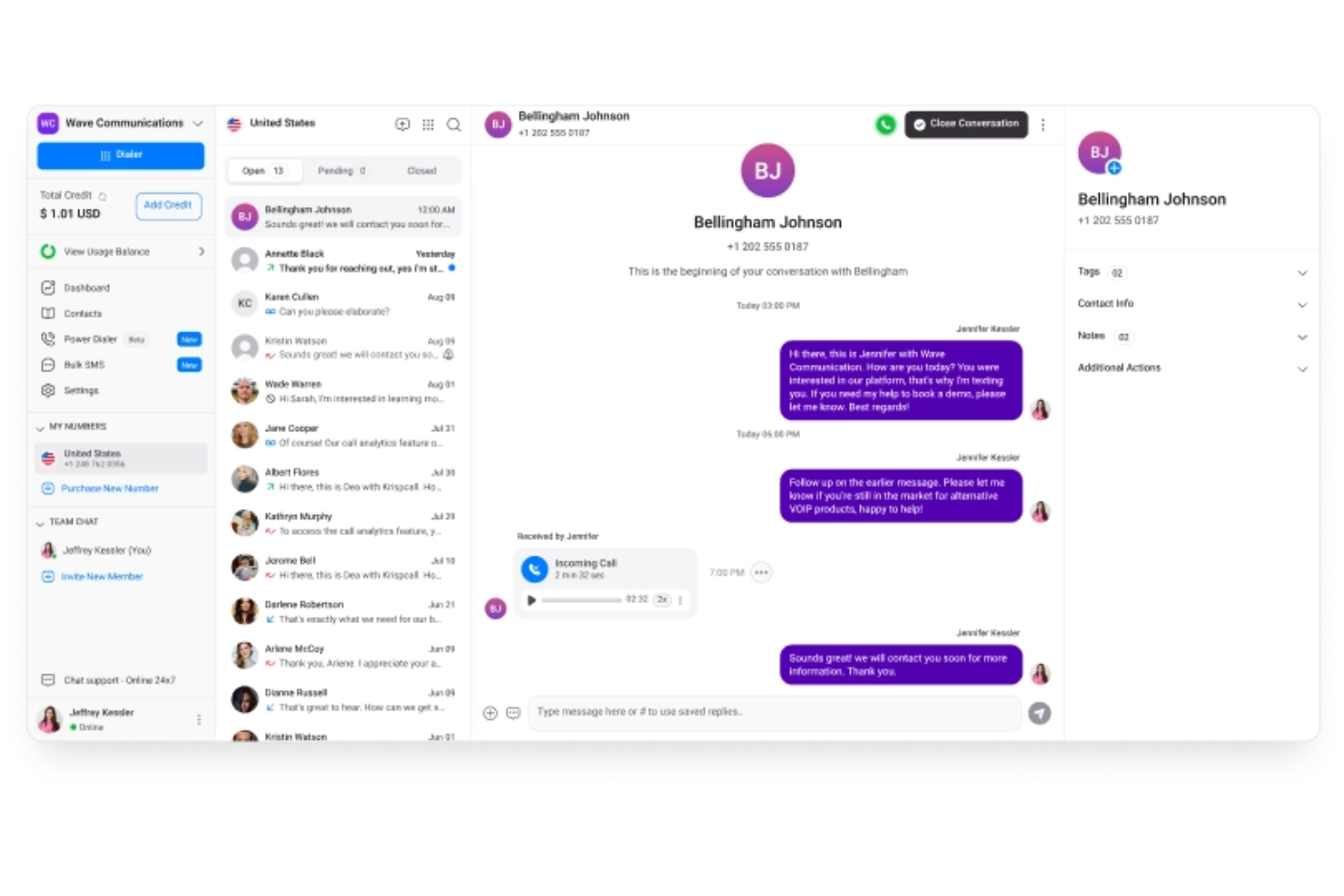 KrispCall screenshot - Le 10 migliori alternative a OpenPhone per piccoli team nel 2026