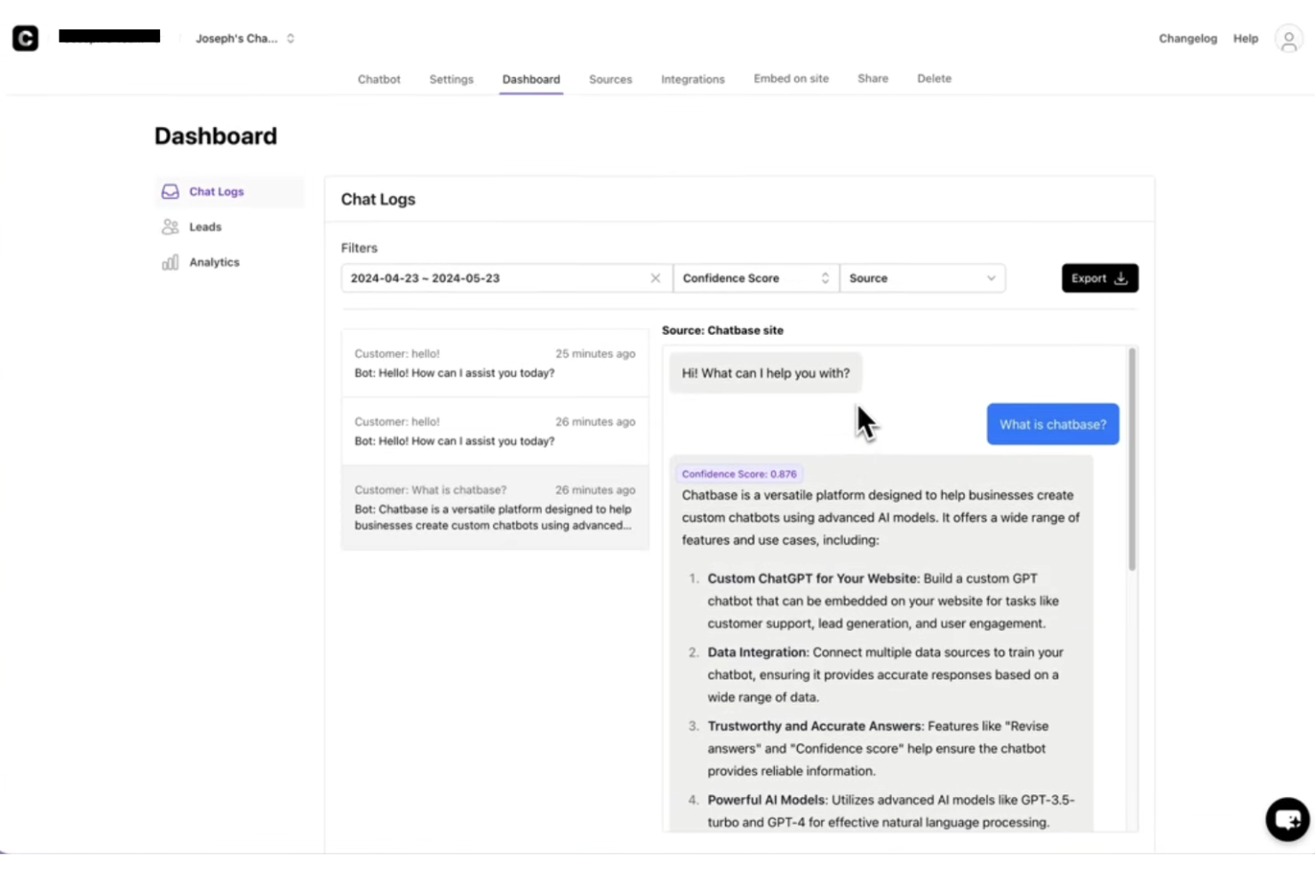 Chatbase screenshot - I 10 migliori software di chat in tempo reale per siti web nel 2026
