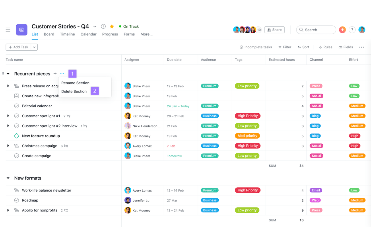 Asana screenshot - 10 gratis produktivitetsapps til 2026