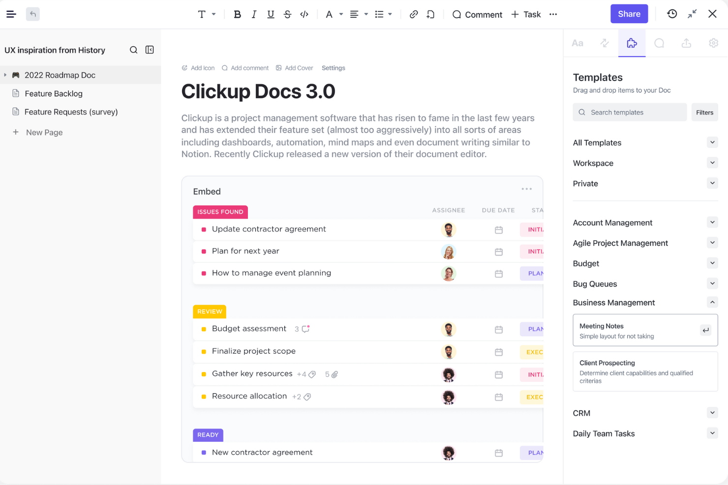 ClickUp screenshot - 10 bedste alternativer til Google Docs til samarbejde i 2026