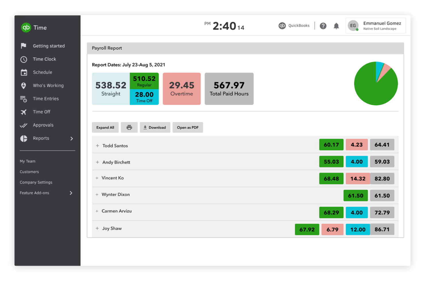 QuickBooks Time screenshot - 10 bedste alternativer til Toggl til tidsregistrering i 2026