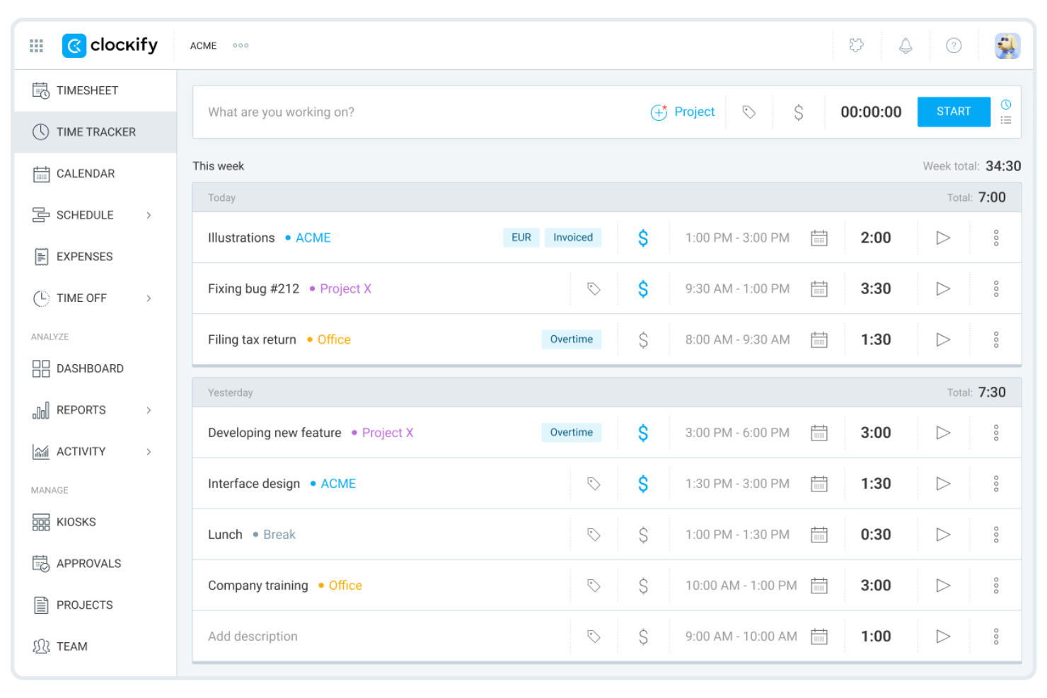Clockify screenshot - 10 bedste alternativer til Toggl til tidsregistrering i 2026