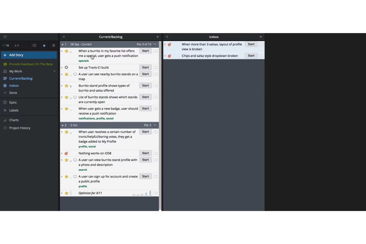 Pivotal Tracker screenshot - 10 bedste agile opgavetavler anmeldt i 2026