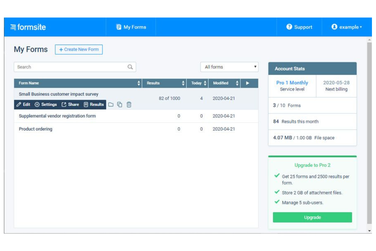 Formsite screenshot - 10 bedste alternativer til Typeform til kundeundersøgelser i 2026