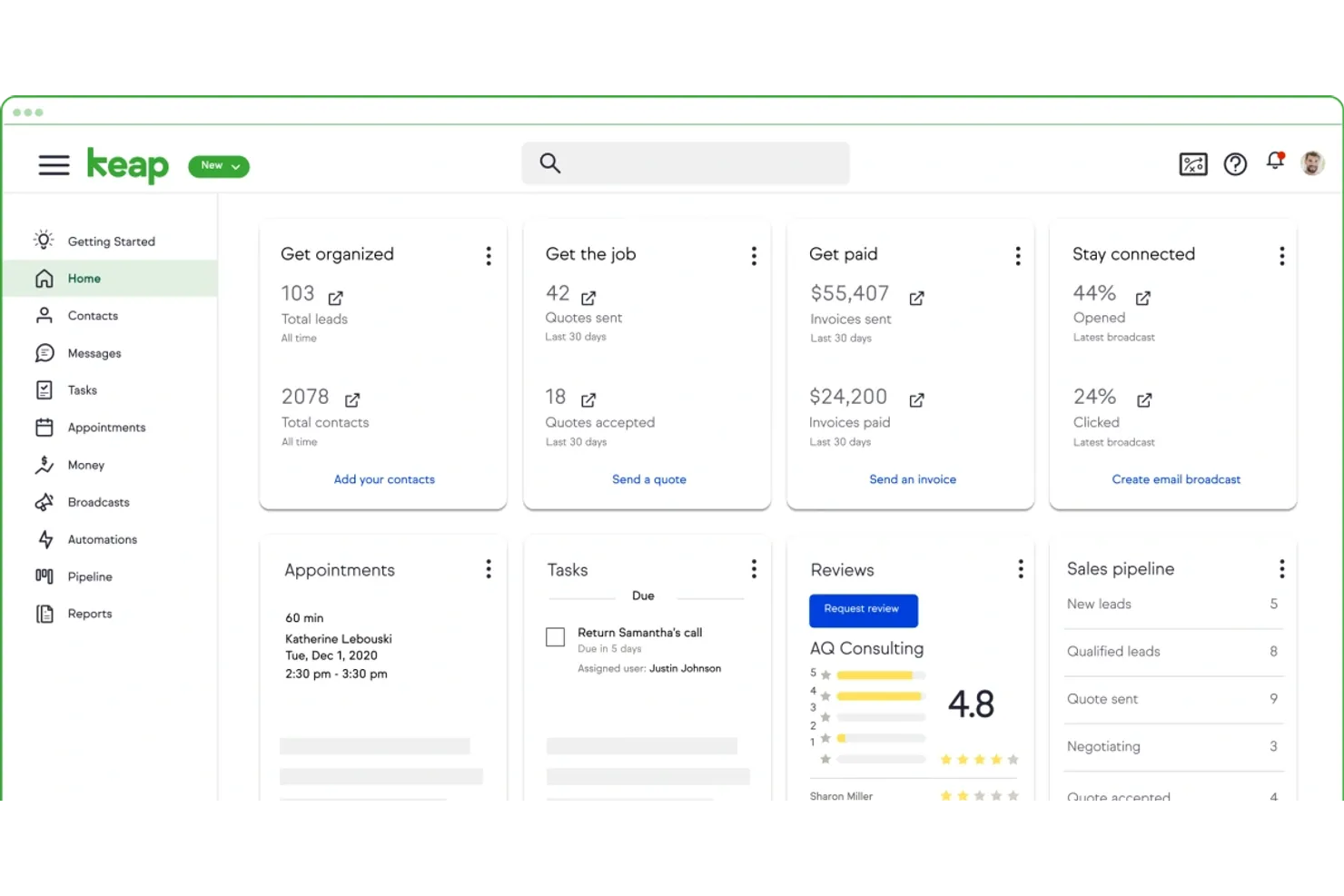 Keap CRM screenshot - 10 CRM-systemer til små virksomheder i 2026