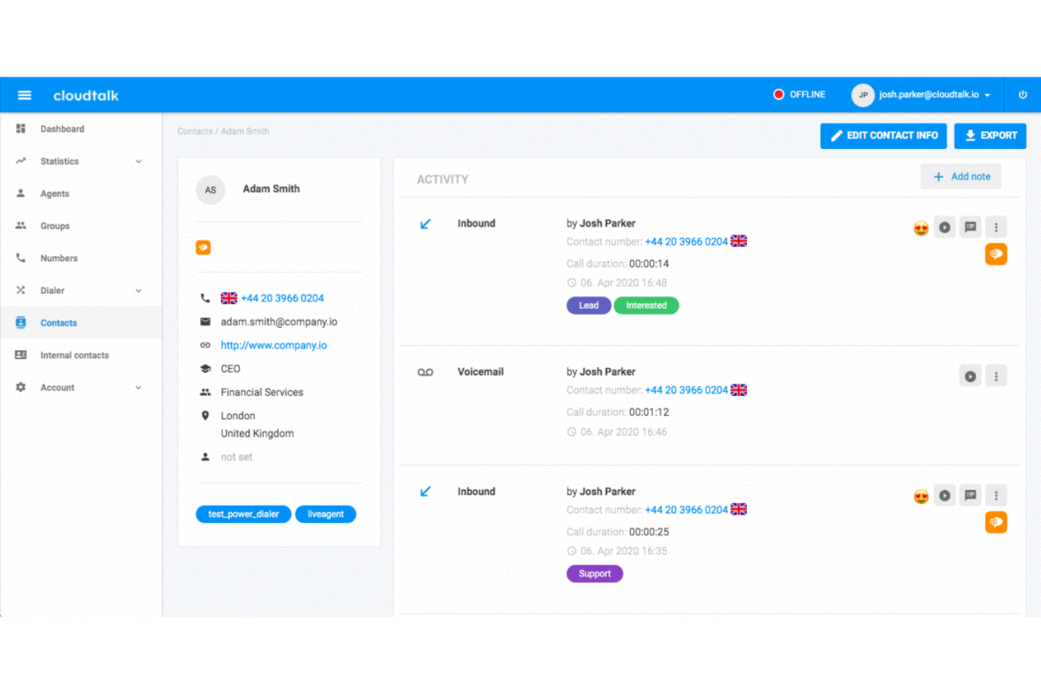 CloudTalk screenshot - De 10 bedste virtuelle callcenterprogrammer i 2026: Sammenlignet