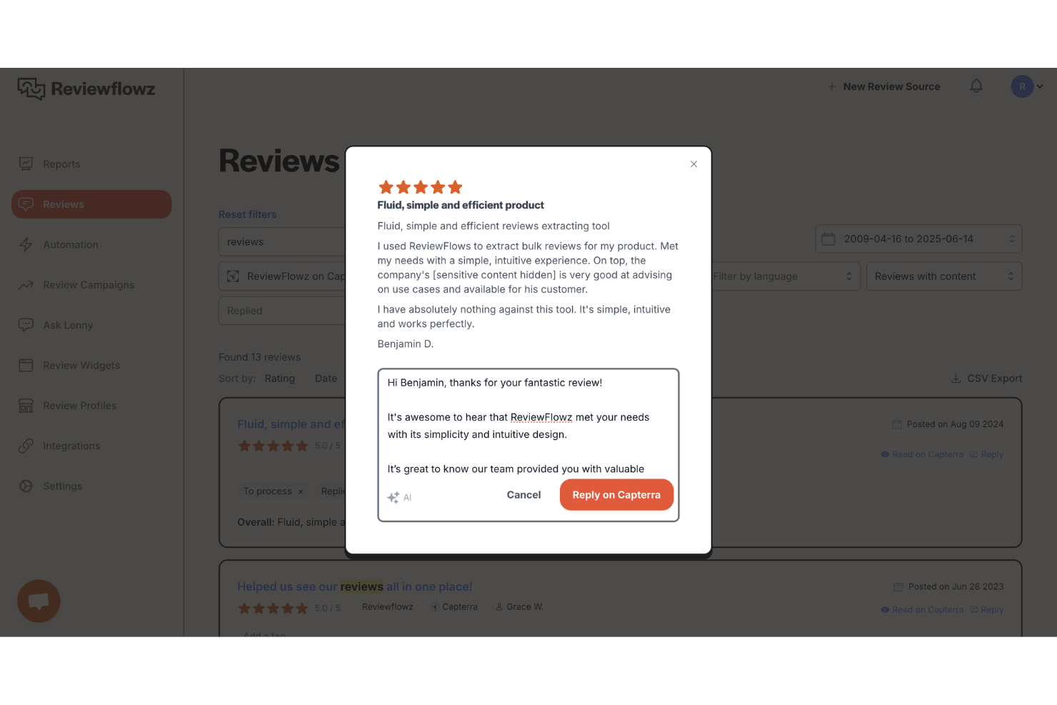 ReviewFlowz screenshot - 10 bedste programmer til håndtering af kundeanmeldelser i 2026