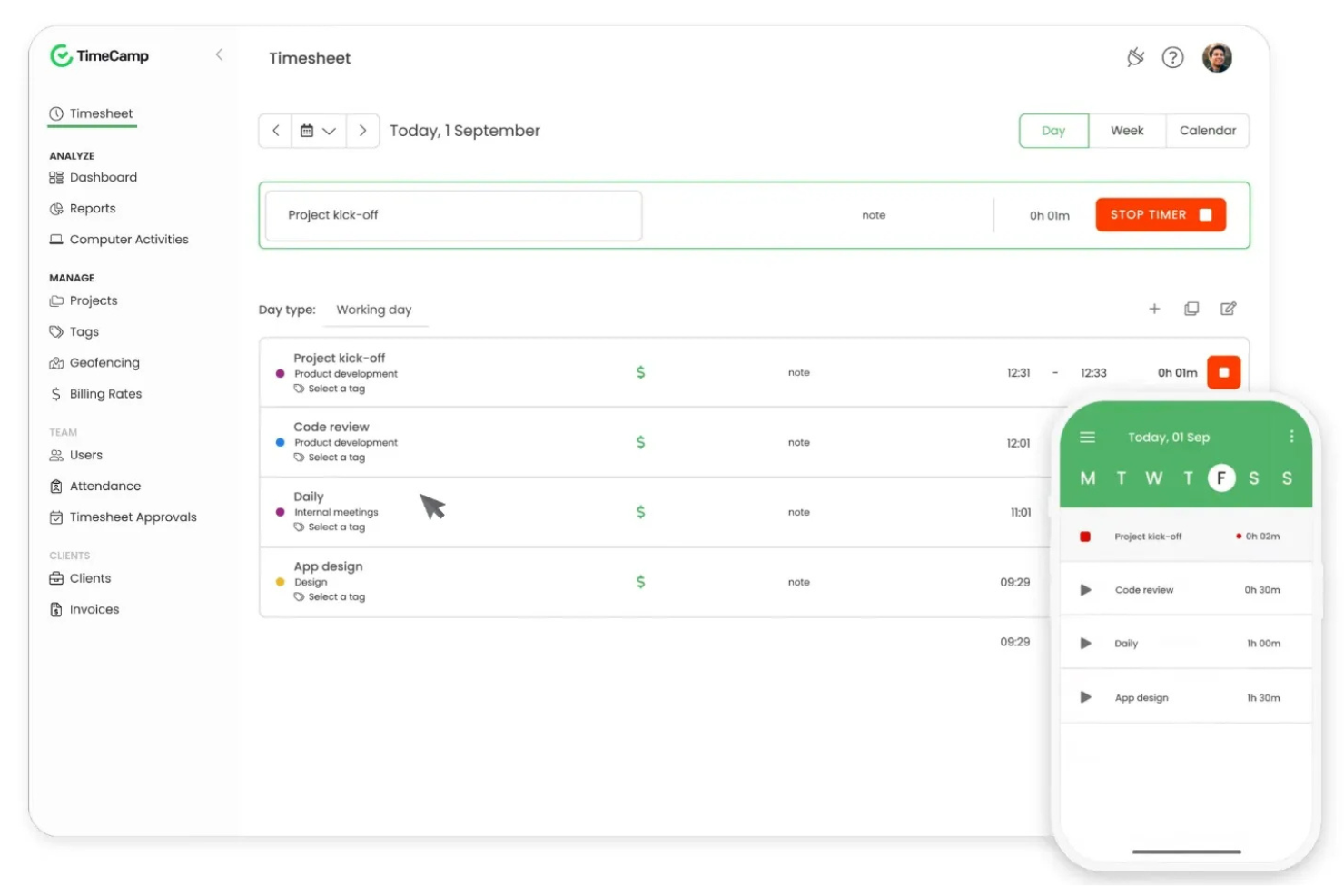 TimeCamp screenshot - 10 bedste gratis apps til tidsregistrering i 2026