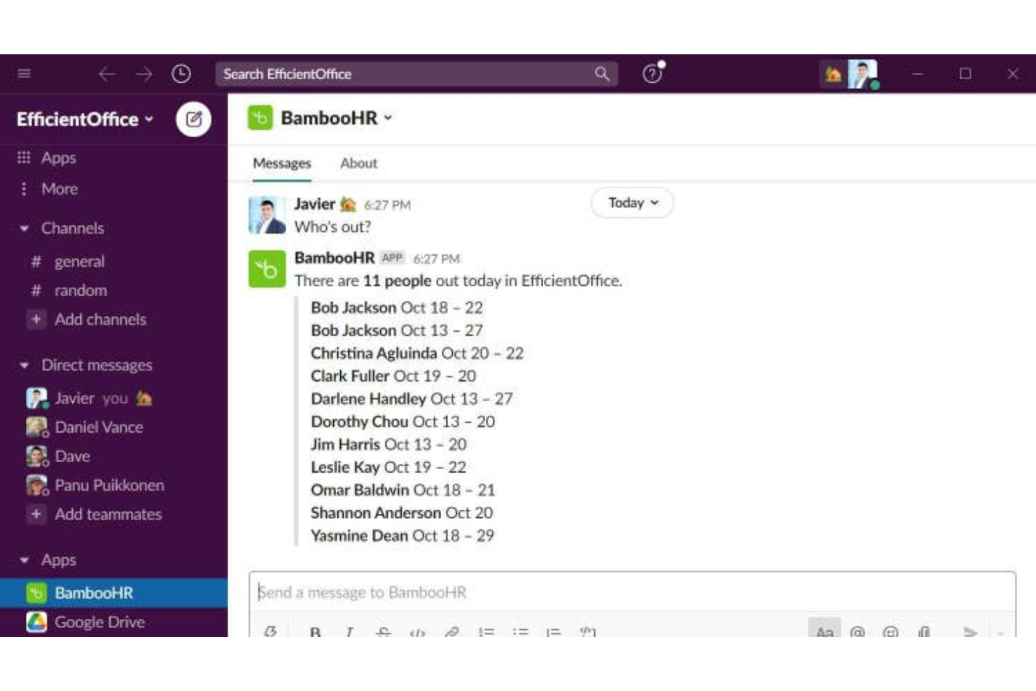 Slack screenshot - De 22 bedste BambooHR-integrationer til HR-succes (2026)