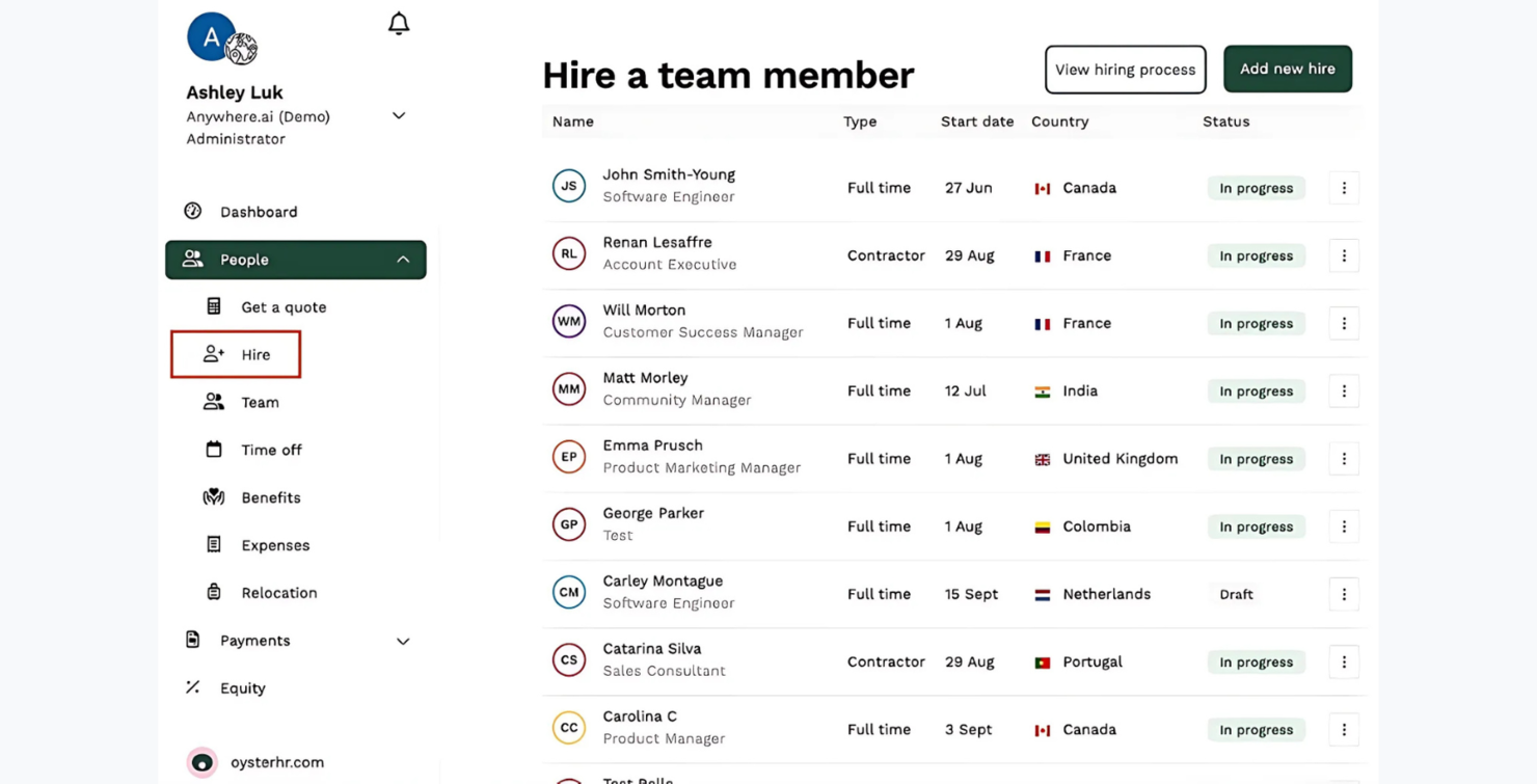 Oyster screenshot - 10 bedste Justworks-alternativer til PEO-tjenester i 2026