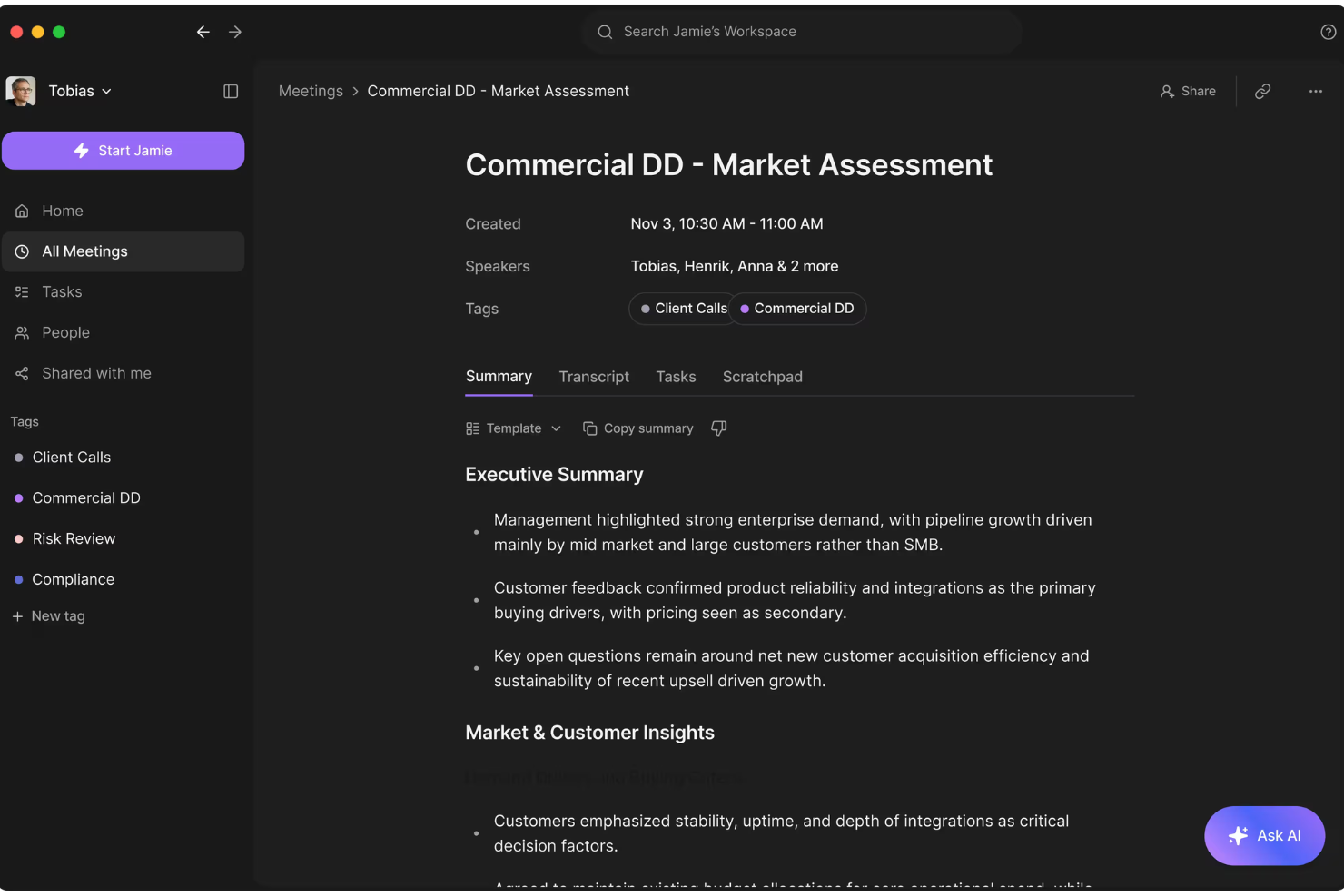Jamie screenshot - 27 najlepszych asystentów spotkań AI w 2026 roku