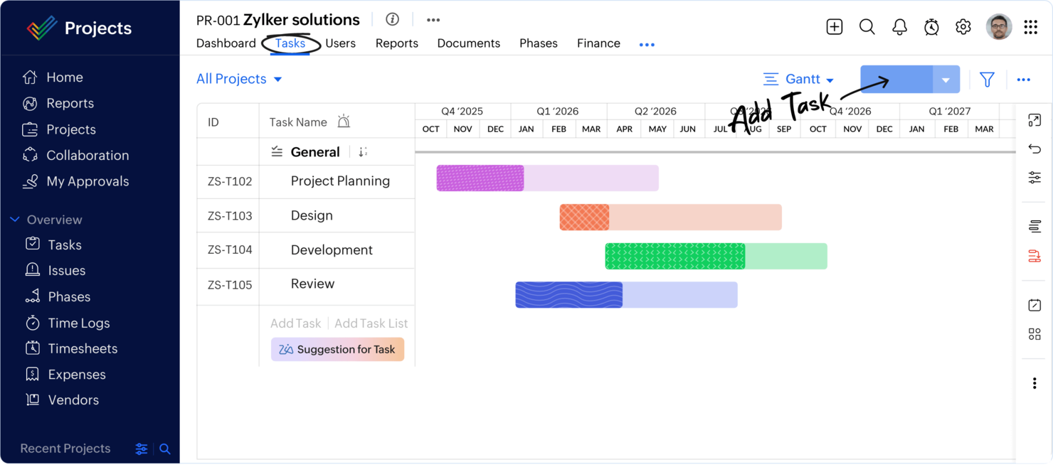 Zoho Projects screenshot - 10 najlepszych programów AI do zarządzania biurem zarządzania projektami w 2026 roku