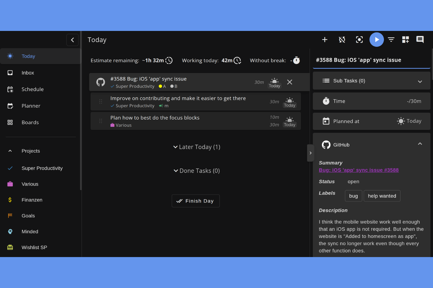 Super Productivity screenshot - 10 programów do zarządzania zadaniami offline na 2026 rok