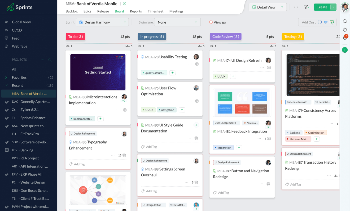 Zoho Sprints screenshot - 10 najlepszych programów do tworzenia map drogowych projektów na potrzeby strategii w 2026 roku