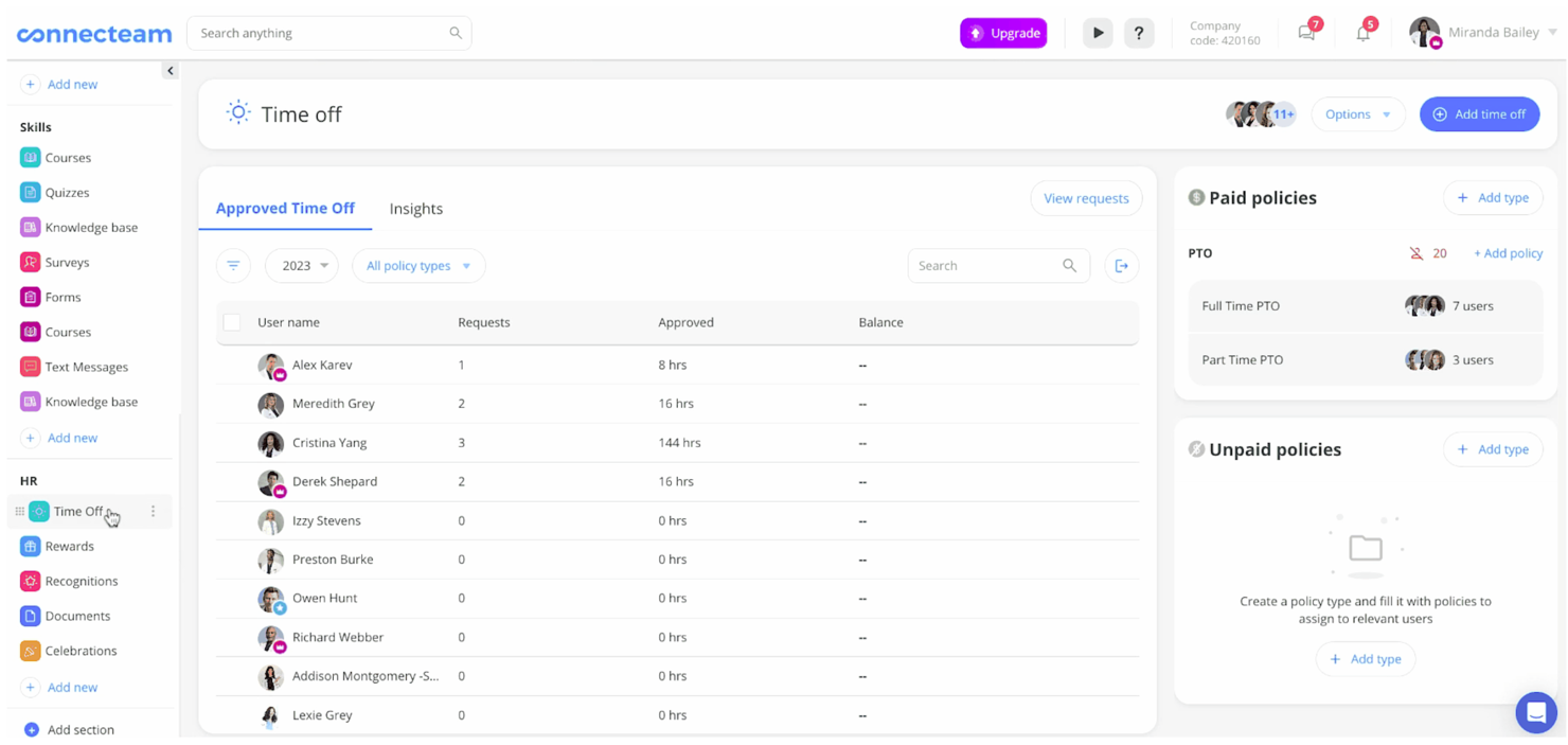 Connecteam screenshot - 10 najlepszych programów do zarządzania urlopami w 2026 roku do śledzenia płatnego czasu wolnego