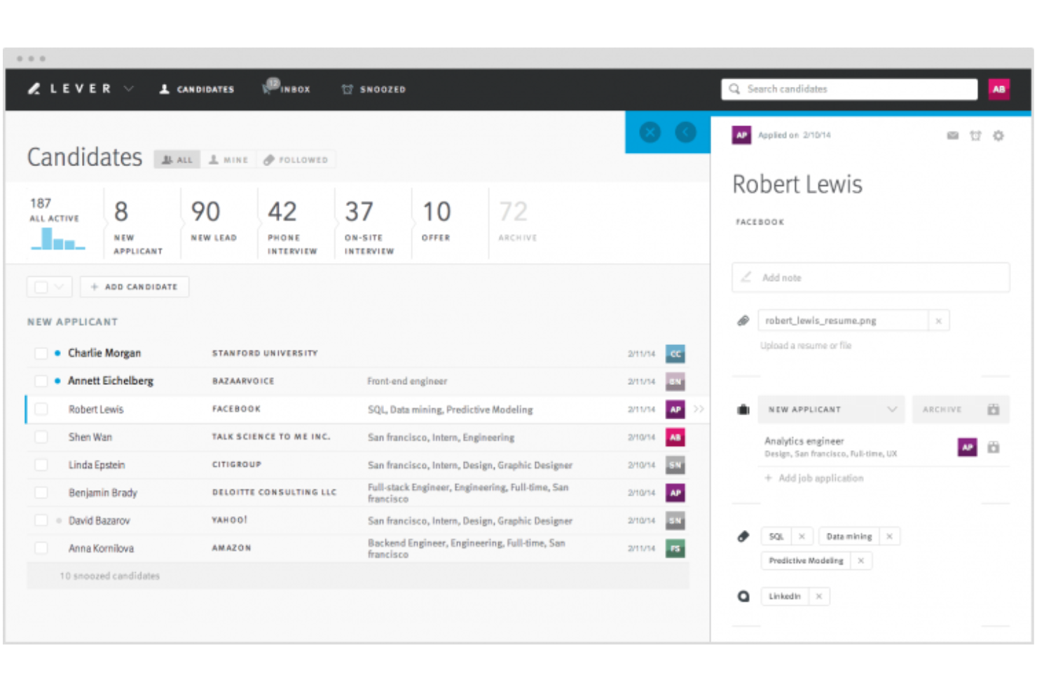 Lever screenshot - 10 najlepszych programów do śledzenia kandydatów dla zespołów marketingowych w 2026 roku
