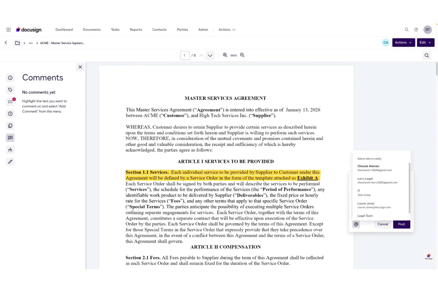 Docusign CLM screenshot - 10 najlepszych programów do zarządzania umowami z wykorzystaniem AI w 2026 roku
