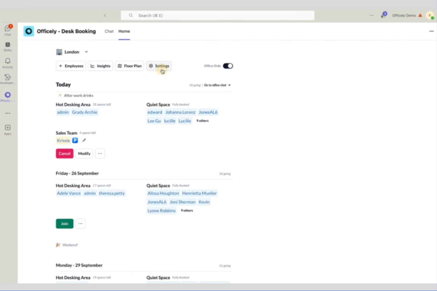 Officely screenshot - 10 najlepszych darmowych programów do rezerwacji współdzielonych biurek w 2026 roku