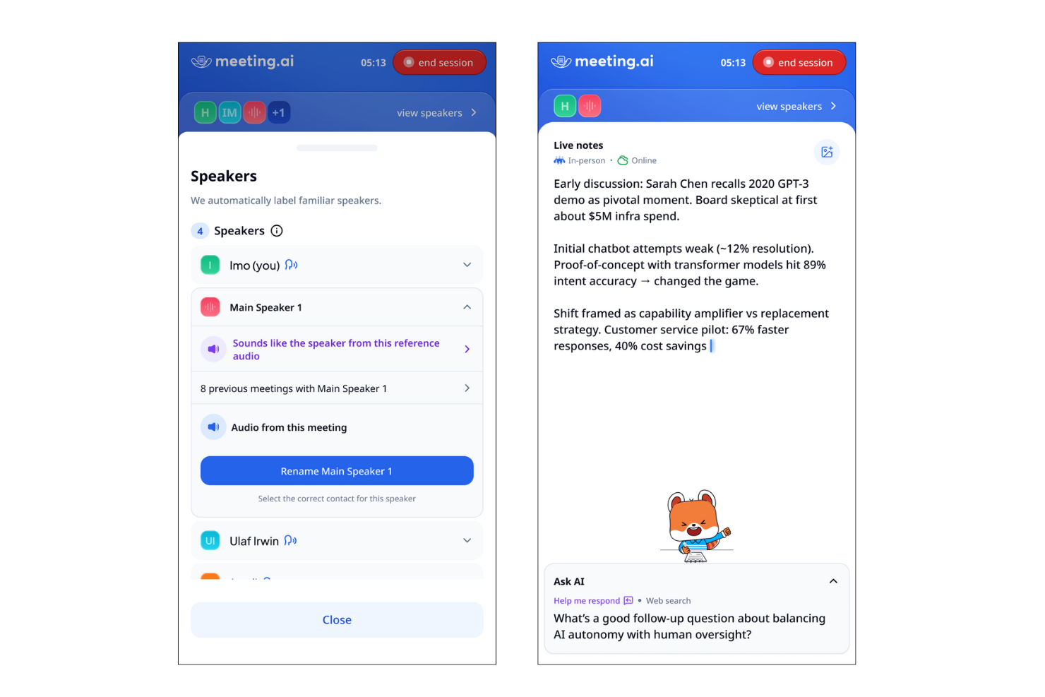 Meeting.ai screenshot - 10 najlepszych narzędzi AI do podsumowywania spotkań na 2026 rok