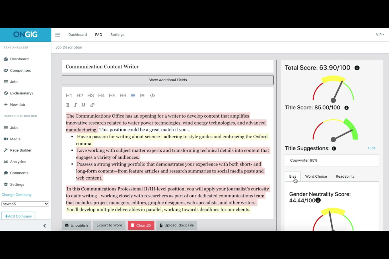 Ongig screenshot - 10 najlepszych programów do zarządzania opisami stanowisk w 2026 roku