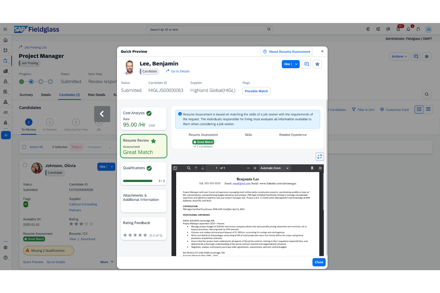 SAP Fieldglass Contingent Workforce Management screenshot - 10 najlepszych programów do zarządzania pracownikami kontraktowymi omówionych w 2026 roku