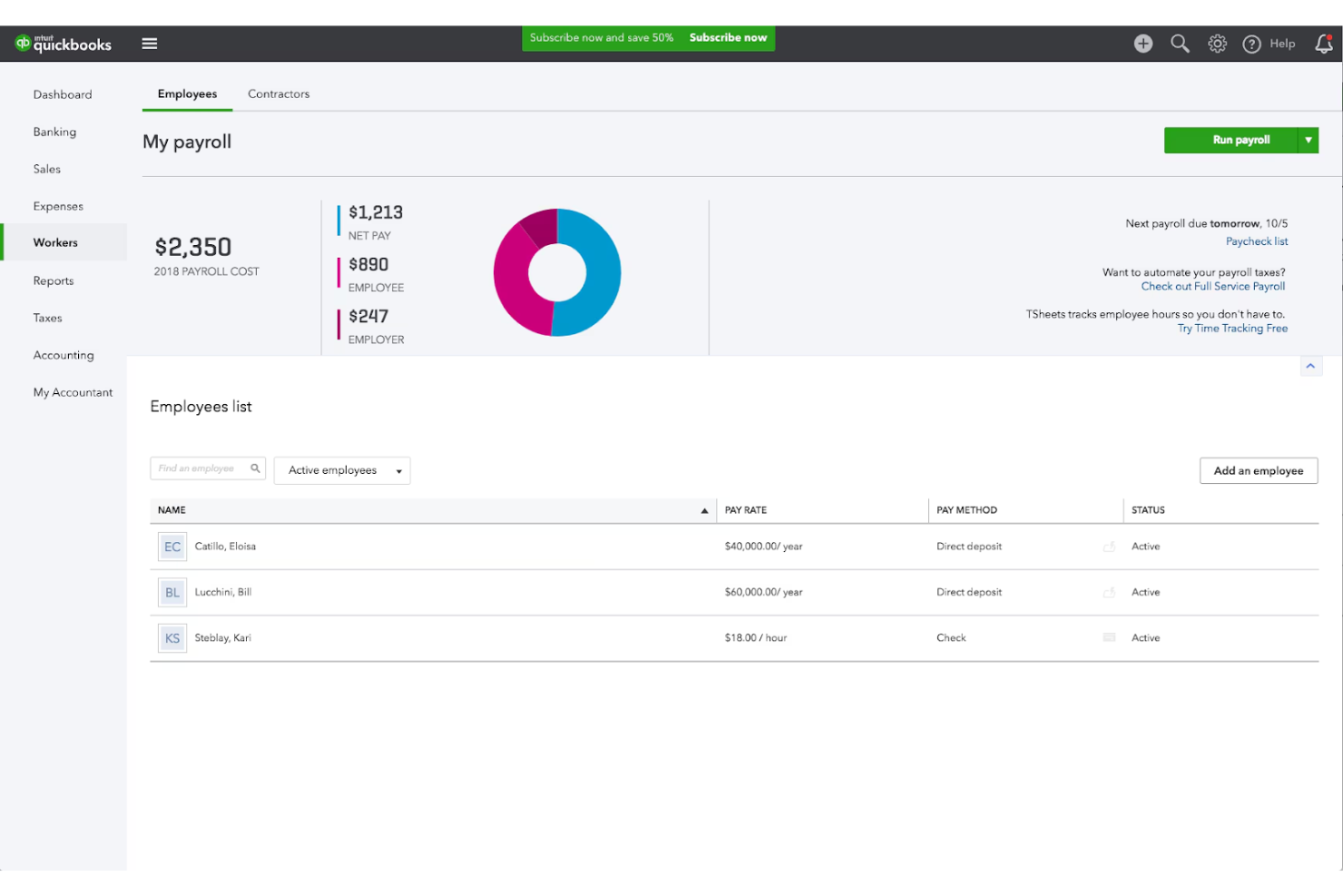 Intuit Quickbooks screenshot - 10 najlepszych tanich programów do obsługi płac — recenzja na 2026 rok