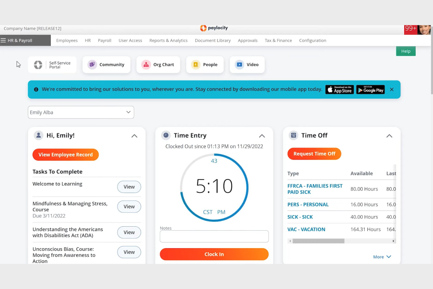 Paylocity screenshot - 10 najlepszych konkurentów Bambee w zakresie zgodności z przepisami dotyczącymi zarządzania zasobami ludzkimi w 2026 roku