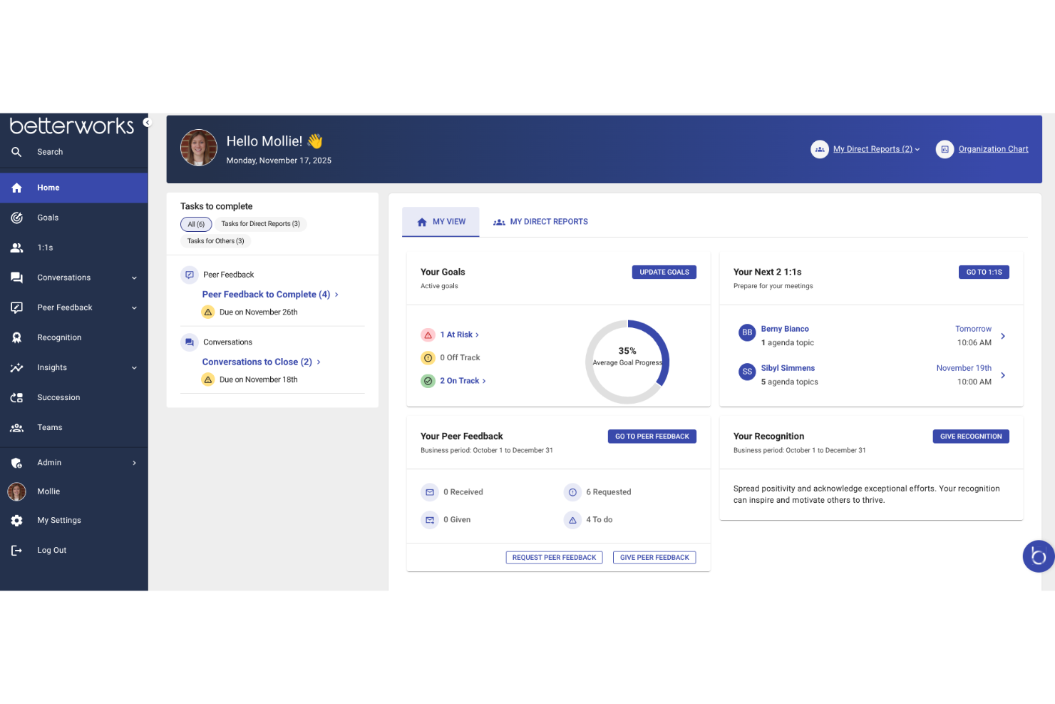 Betterworks screenshot - 10 najlepszych narzędzi AI do zarządzania efektywnością ocenionych w 2026 roku
