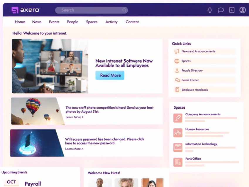 Axero screenshot - 15 outils de collaboration en ligne pour accroître l’efficacité de votre projet