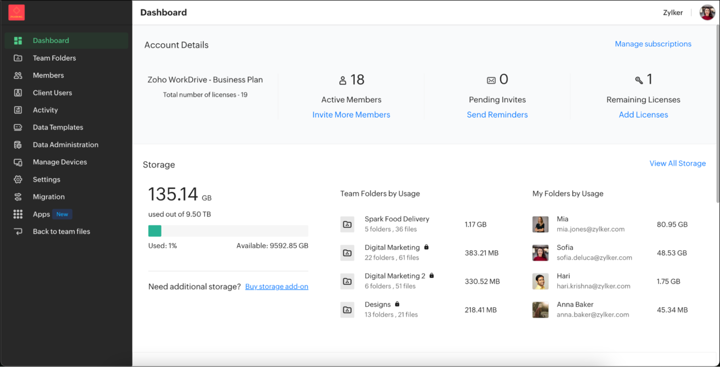 Zoho WorkDrive screenshot - 10 Box-alternativer for fildeling for bedrifter i 2026
