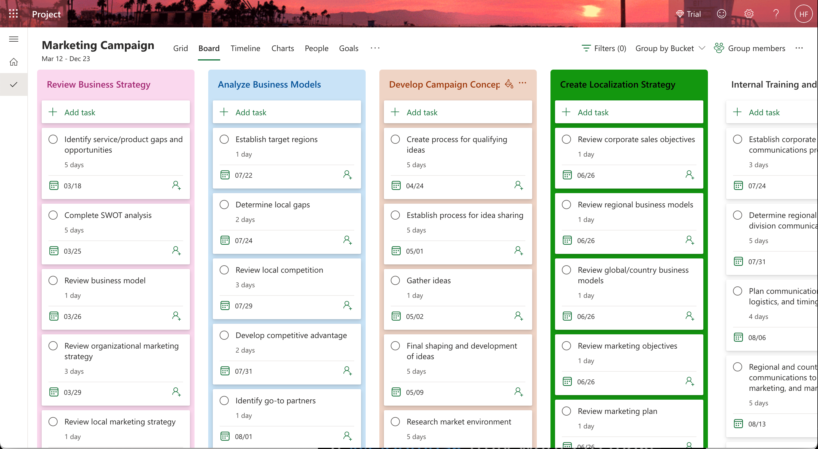 Microsoft Project's board view lets you work with Kanban projects.