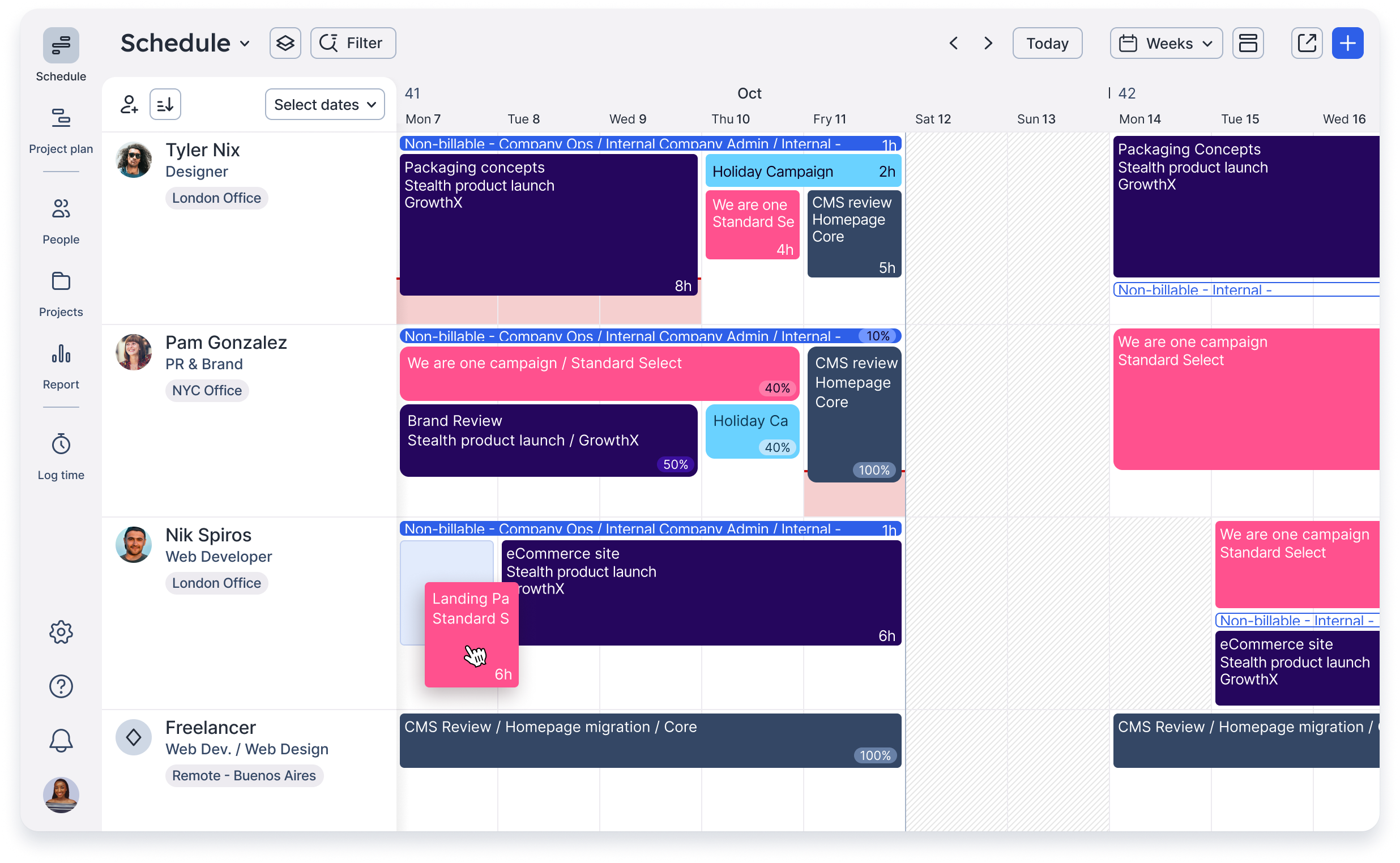 Float's live resource Schedule lets you easily see who's working on what and when.