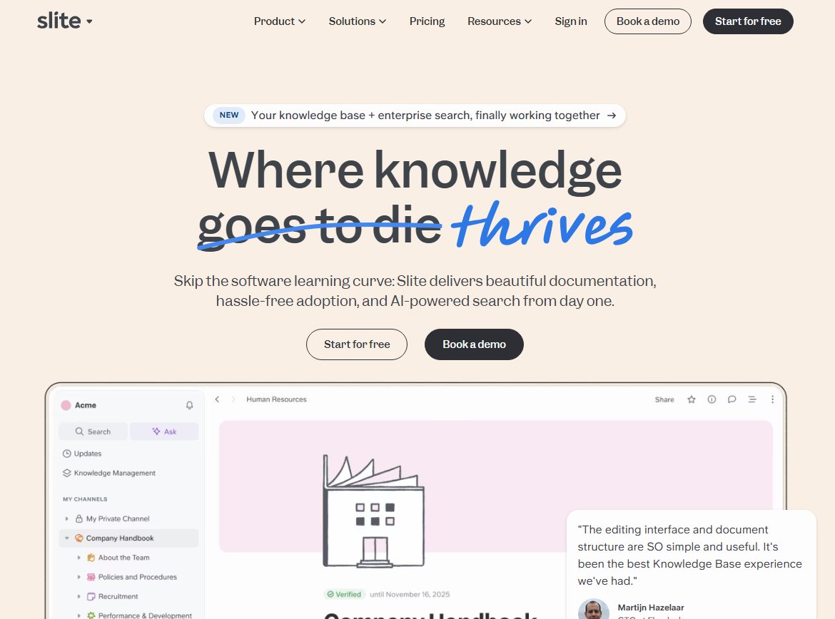 Slite centralizes team docs, FAQs, and SOPs for fast self-serve support.